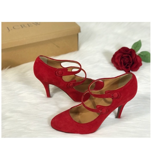 J. Crew Shoes - J.Crew Mona Red Strap Suede Mary Jane Heels SZ 8.5